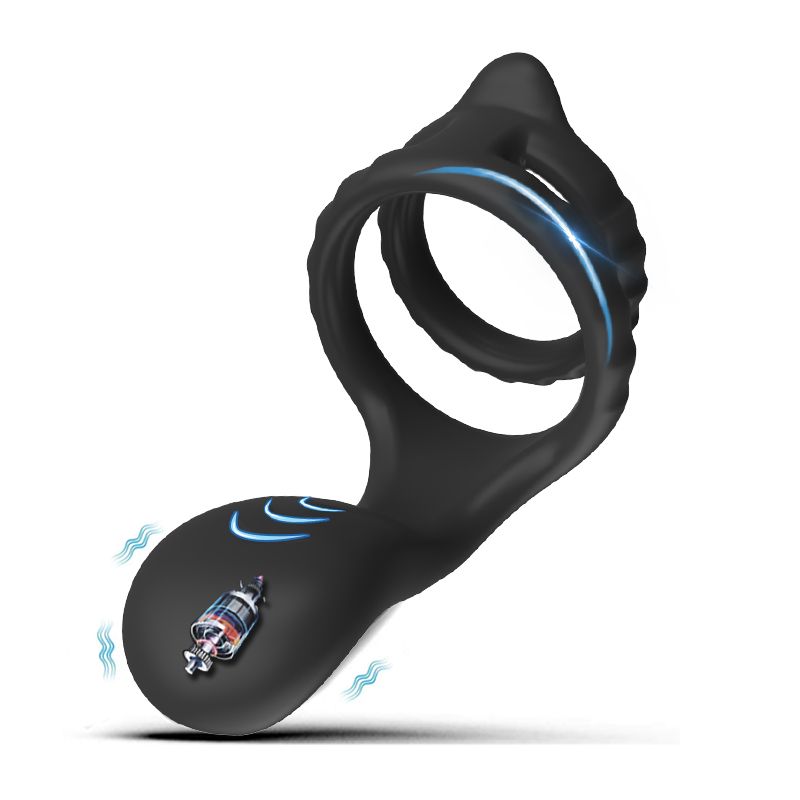 Massaggiatore vibrante per il punto P in silicone con doppi anelli per il pene - Telecomando wireless